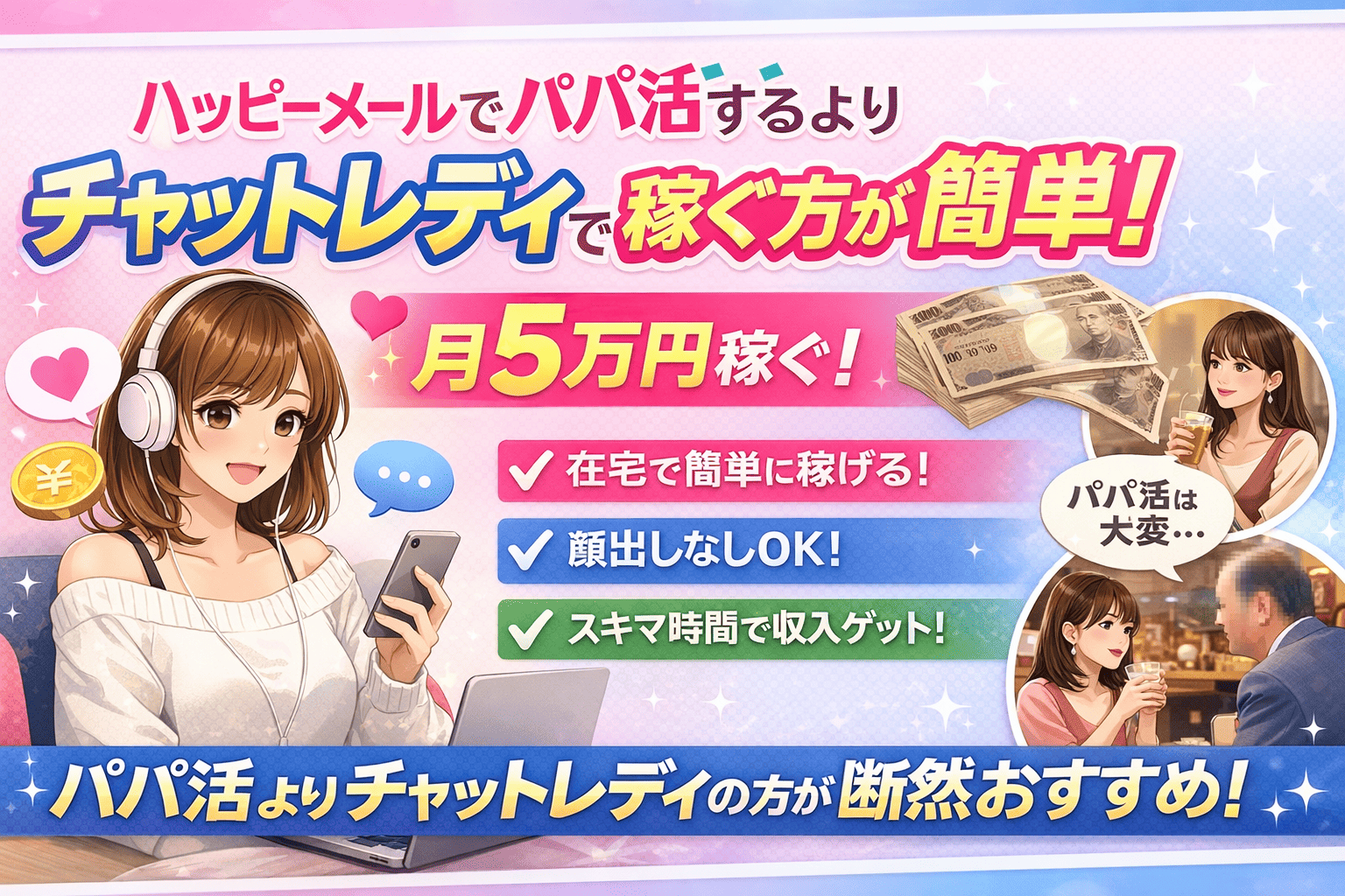 ハッピーメールでパパ活するより在宅チャットレディで稼ぐ方が簡単!月5万円稼ぐ!